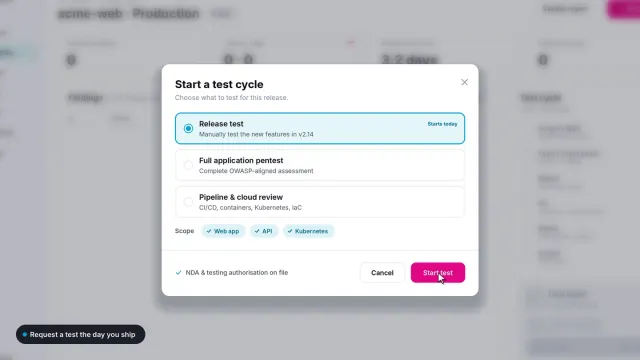 Start a test cycle dialog in the Sumrite PTaaS platform with release test, full pentest and pipeline and cloud review options