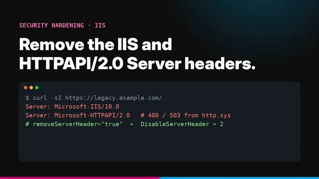 Terminal showing Microsoft-IIS/10.0 and Microsoft-HTTPAPI/2.0 Server headers and the settings that remove them