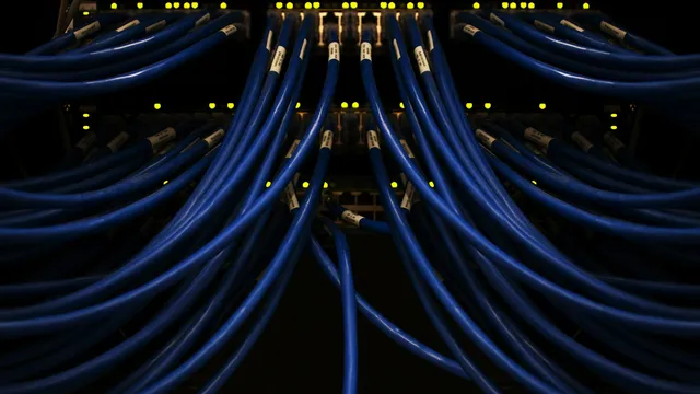 Blue network cables connected to a switch, representing internal and external network penetration testing