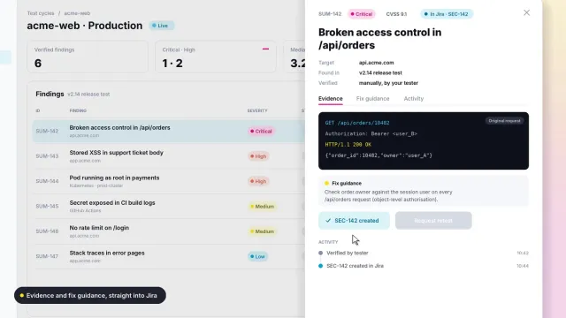 Sumrite PTaaS finding detail for broken access control in an orders API with request evidence, fix guidance and a Jira ticket