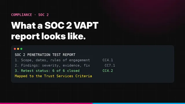 Outline of a SOC 2 penetration test report with scope, findings and retest sections mapped to Trust Services Criteria