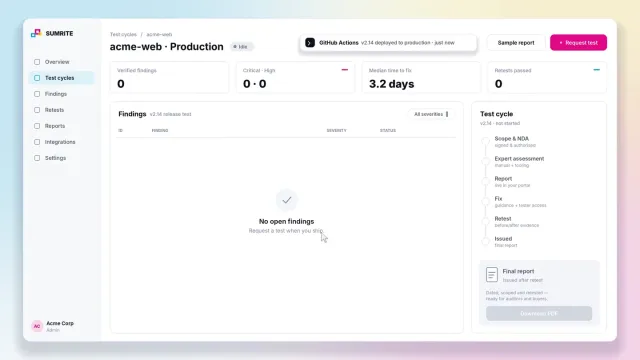 Sumrite PTaaS platform dashboard for a production web app with test cycle stages and a GitHub Actions release notice